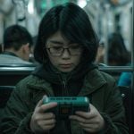 Girl playing a retro game on her handheld console