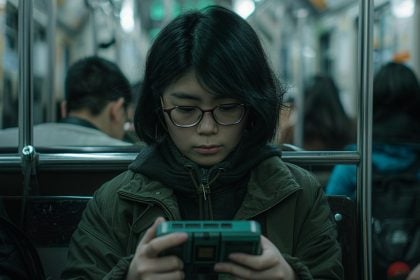 Girl playing a retro game on her handheld console