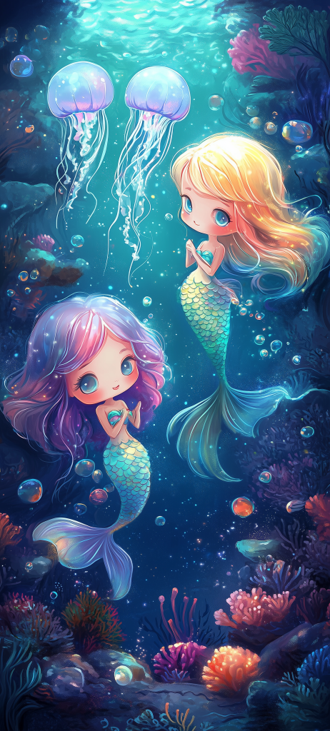 adorable chibi mermaids pastel hair jellyfish coral reefs