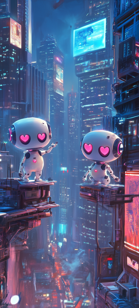 adorable pastel robots heart eyes futuristic city