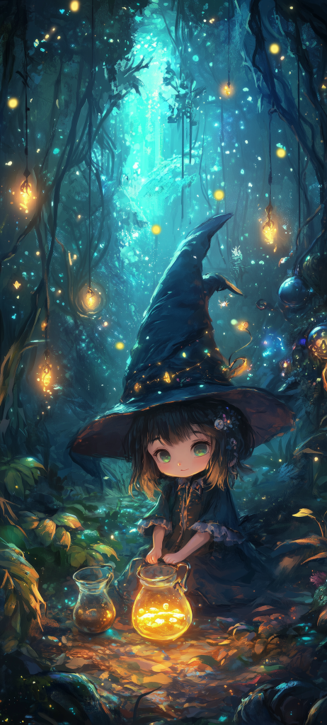 chibi witches hats staffs potions magical forest