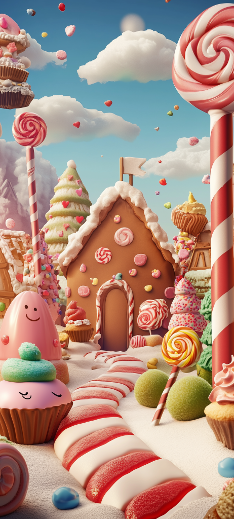 cute candyland gingerbread houses candy cane trees smiling sweets