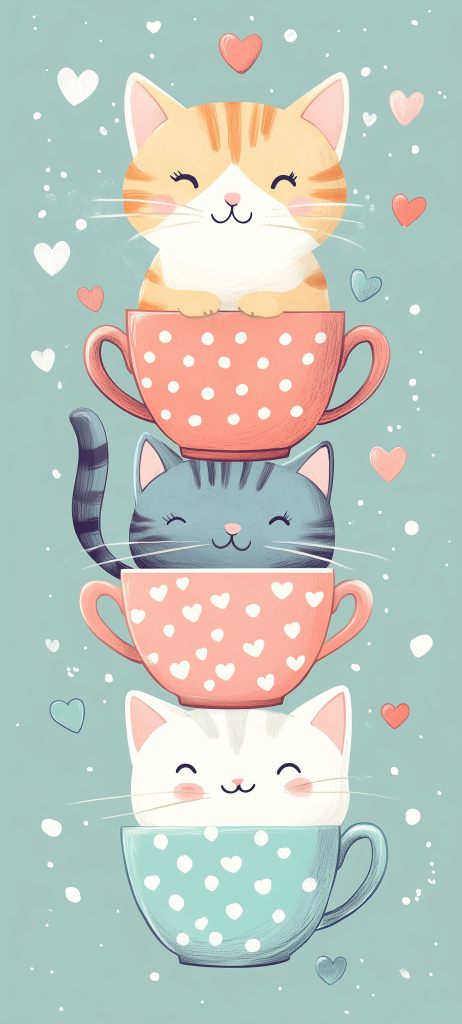 cute cats teacups polka dots hearts