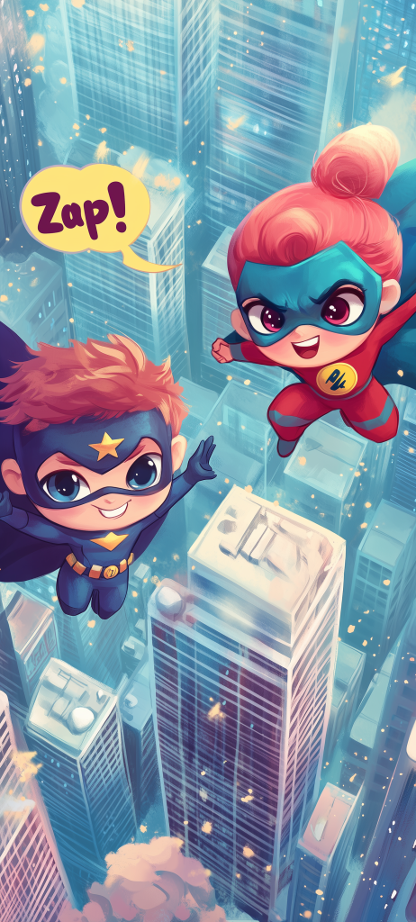 cute chibi superheroes capes masks cityscape comic bubbles