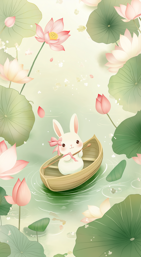 cute rabbit cat boat lotus flowers illustration