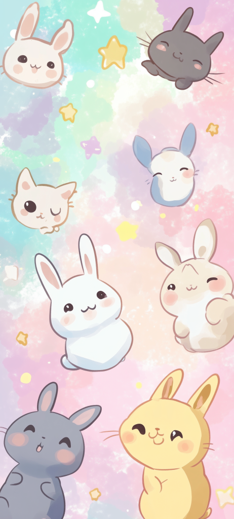 cute smiling bunnies kittens puppies rainbow background