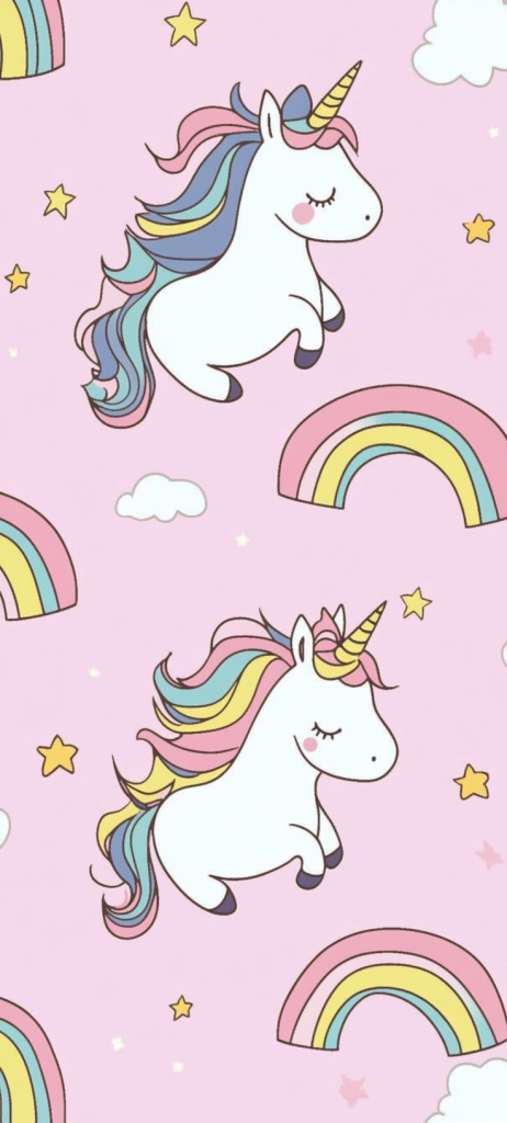 cute smiling rainbows unicorns pastel pink background