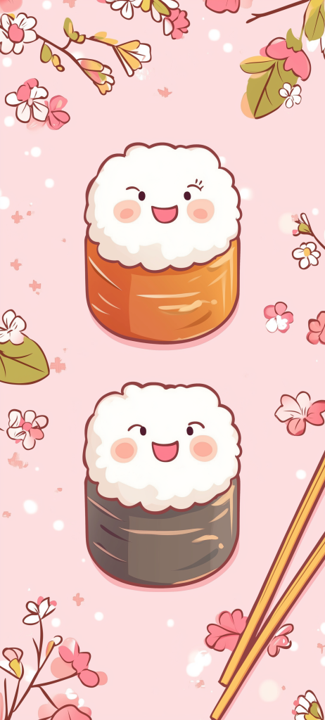 cute sushi rolls happy faces chopsticks pink background