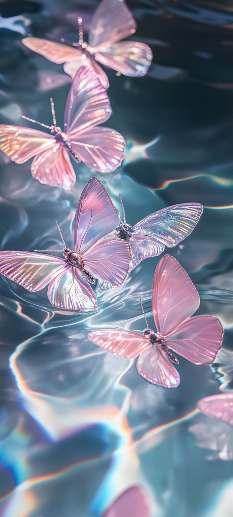 delicate pink butterflies shimmering water