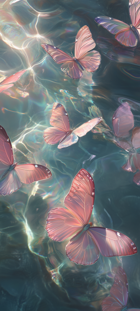 ethereal pink butterflies floating water