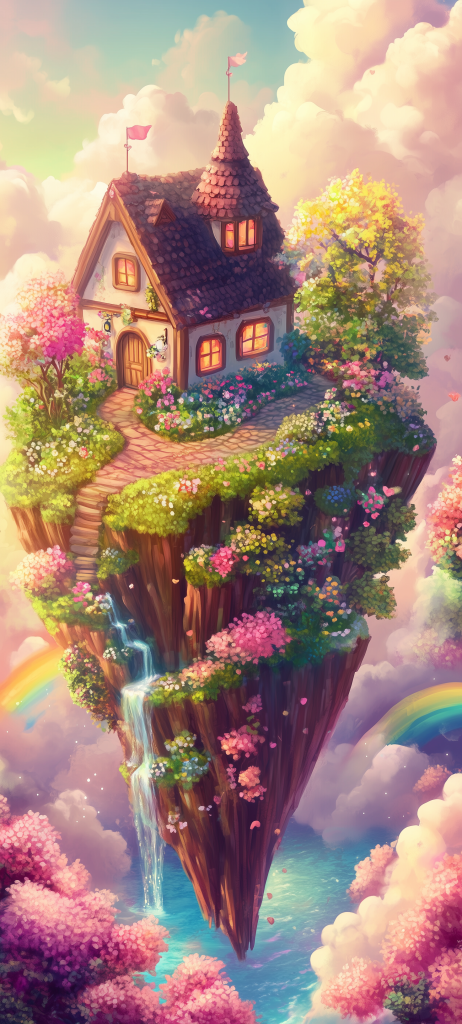 floating island cottage magical landscape art