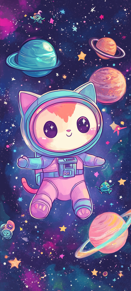 kawaii astronaut kitten galaxy stars planets aliens