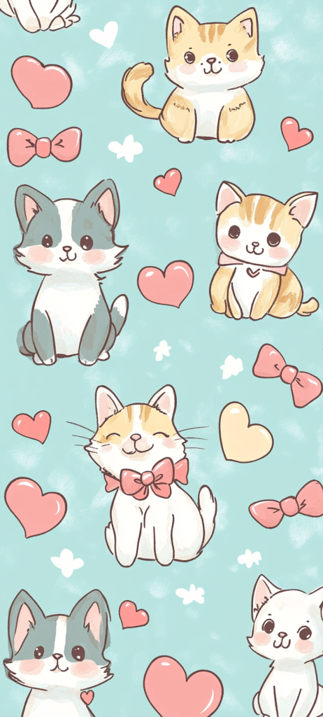 kawaii cats dogs bows hearts blue background