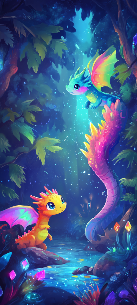 kawaii dragons rainbow scales enchanted forest gem trees