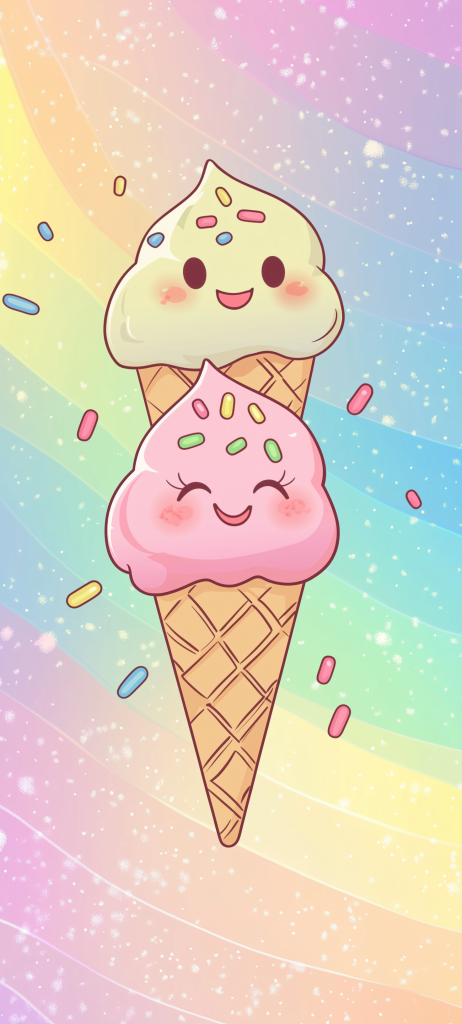 kawaii ice cream smiling faces pastel rainbow