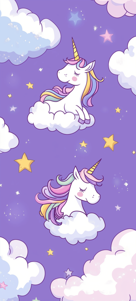 kawaii unicorns rainbow manes clouds stars lavender background