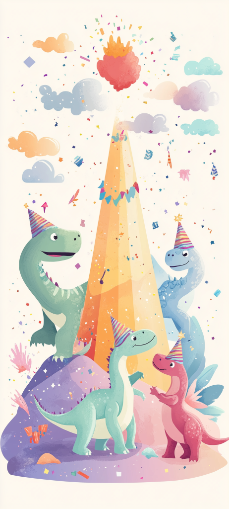 pastel dinosaurs party hats rainbow volcanoes confetti meteors