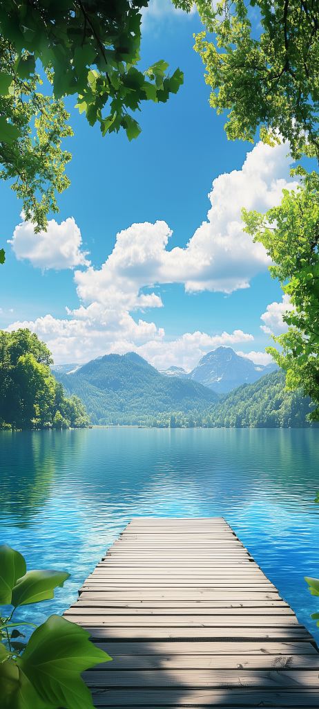 picturesque lakeside wooden pier mountains