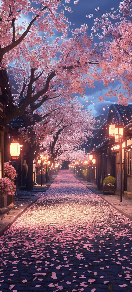 serene evening street cherry blossoms