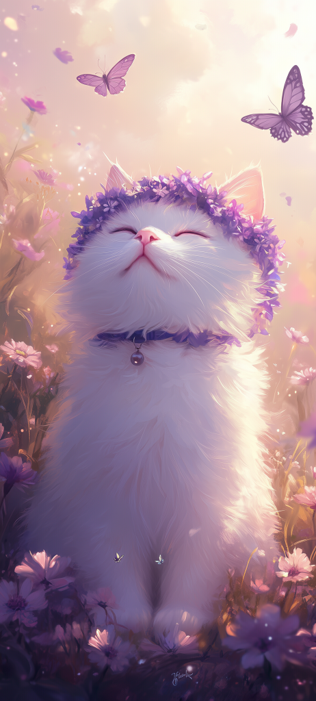 white cat purple flower crown wallpaper