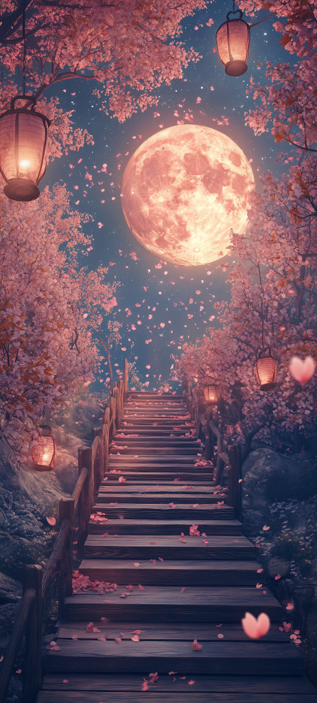 wooden staircase moonlit cherry blossoms